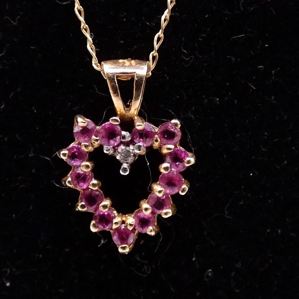 JCM 10K Yellow Gold Ruby Sapphire Diamond Open Heart Reversible 18.5" Necklace